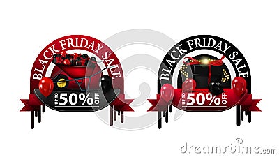 Black Friday Sale, up to 50%, set of round coupons with wheelbarrow with gifts, present box and balloons. Vector Illustration