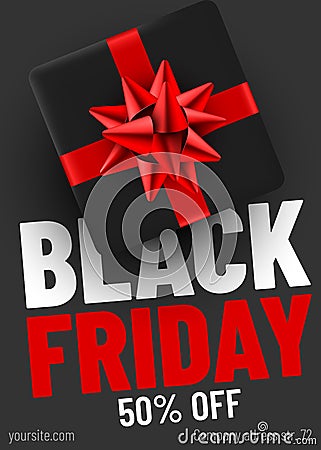 Black Friday sale web banner template. Present box poster for seasonal discount offer. Vector Illustration