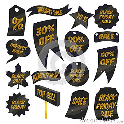 Black Friday Sales labels icons set, cartoon style Cartoon Illustration