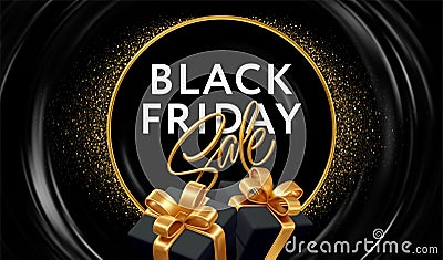 Black Friday Sales Promotional Banner Design. 3d Gifts, Gold Round Frame, Gold Glitter, Black Flow Gradient Background Vector Illustration