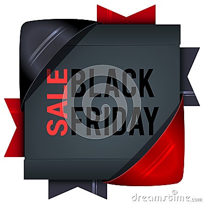 Black Friday sales, square banners with colored ribbons. Gifts f Vector Illustration