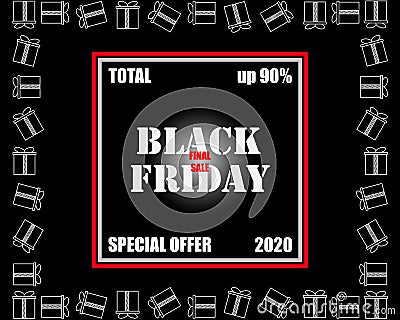 `black Friday`. Seasonal sale. The design of the banner. Final sale, special offer up 90%. Black background. Stock Photo