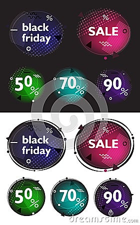 Black friday, set of modern banners in the style of the Memphis. Discount colorful circle labels with geometric elements Vector Illustration