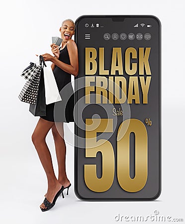 Black Friday shopping online, black woman very happy for purchases made showing credit cards and shopper bags. Isolated on white Stock Photo