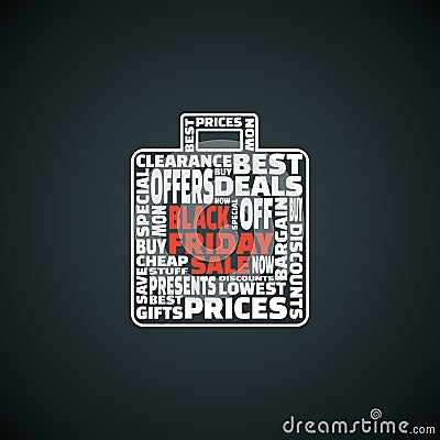 Black Friday shopping sale vector poster or banner with word cloud in shape of bag. Discounts, special offers, best Vector Illustration
