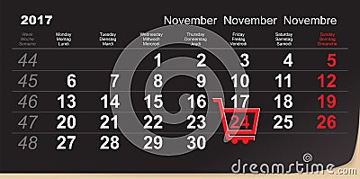 Black Friday shopping trolley reminder. 24 November 2017 calendar day of great purchases Vector Illustration
