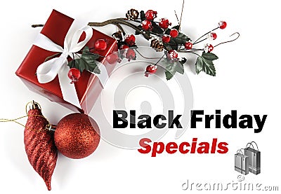 Black Friday Specials sale message greeting with Christmas decorations Stock Photo