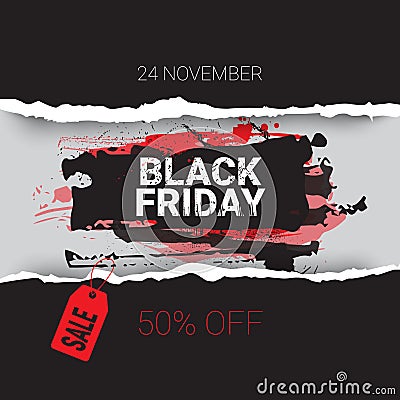 Black Friday Torn Curved Wrapped Paper 24 November Sale With Red Tag Banner Shopping Discount Concept Vector Illustration