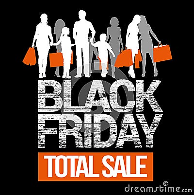 Black Friday total sales. People with shopping bags silhouettes. Vector Illustration