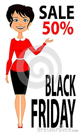 Black Friday. Young attractive smiling woman showing discount Vector Illustration