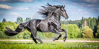 Black Friesian horse cantering Creative AI Stock Photo