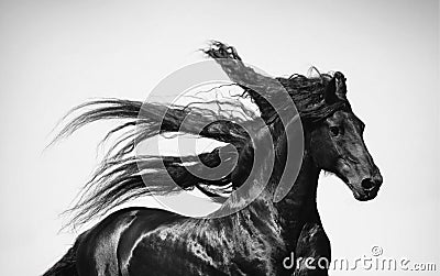 Black friesian stallion cantering with his mane isolated on white background Stock Photo
