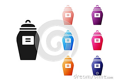 Black Funeral urn icon isolated on white background. Cremation and burial containers, columbarium vases, jars and pots Vector Illustration