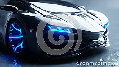 Black futuristic electric car with blue light. Concept of future. 3d rendering. Stock Photo