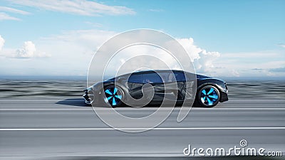 Black futuristic electric car on highway in desert. Very fast driving. Concept of future. 3d rendering. Stock Photo