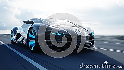 Black futuristic electric car on highway in desert. Very fast driving. Concept of future. 3d rendering. Stock Photo