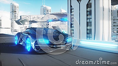 Black futuristic electric car very fast driving in sci fi sity, town. Concept of future. 3d rendering. Stock Photo