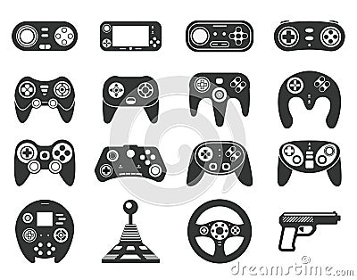 Black game console. Video games joystick, playing device. Isolated computer gadgets, controller and consoles silhouette Vector Illustration