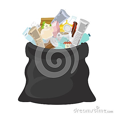 Black garbage bag open. sack Rubbish. sackful trash. litter. pee Vector Illustration