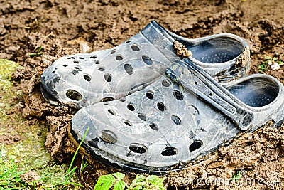 Black garden shoes of crocs style Stock Photo