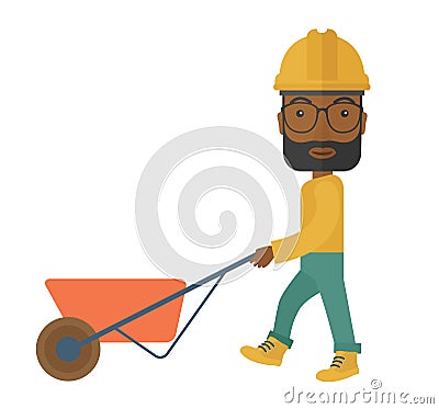 Black Gardener pushing a wheelbarrow Vector Illustration