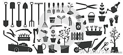 Black gardening tools. Flat garden instruments silhouettes, village agricultural equipment scissors axe shovel rake Vector Illustration