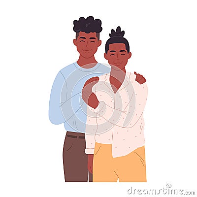 Black gay couple hugging and smiling. Sweetheart couple together. LGBT family, LGBT pride. Homosexual man couple. Hand Cartoon Illustration