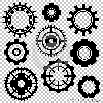 Black gear wheel icon set on transparent background. Technological or machinery symbol. Industrial clipart Vector Illustration