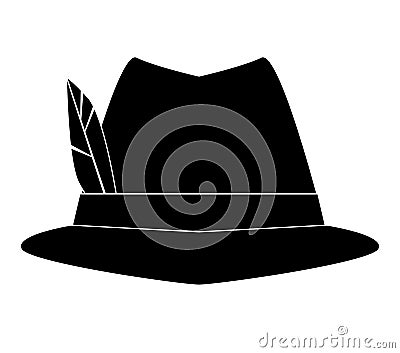 Black German Alpine Octoberfest hat with feathers. Hunter hat with feather. Vector Illustration