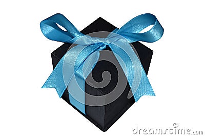 Black Gift Box With Blue Ribbon On White Background Stock Photo