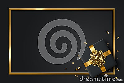 Black gift box and gold bow ribbons with confetti on dark texture background. Vector Illustration