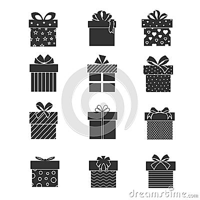 Black gift box icons. Presents signs with ribbons and bows Vector Illustration