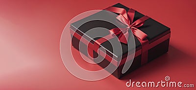 black gift box with red ribbon isolated on red background thanksgiving day Stock Photo