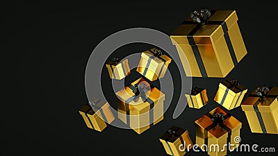 Black gift boxes with gold ribbon on black background. 3D rendering. Stock Photo