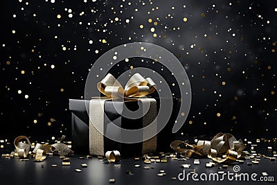black gift boxes with a golden bow on festive dark background with confetti. Stock Photo