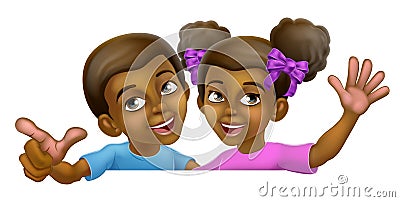 Black Girl and Boy Cartoon Children Kids Sign Vector Illustration