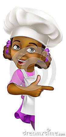 Black Girl Cartoon Child Chef Kid Sign Pointing Vector Illustration