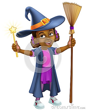 Black Girl Cartoon Child Halloween Witch Costume Vector Illustration