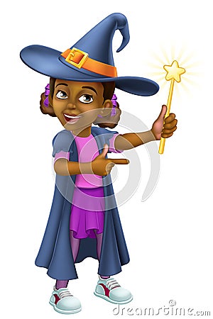 Black Girl Cartoon Child Halloween Witch Costume Vector Illustration