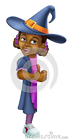 Black Girl Cartoon Child Halloween Witch Sign Vector Illustration