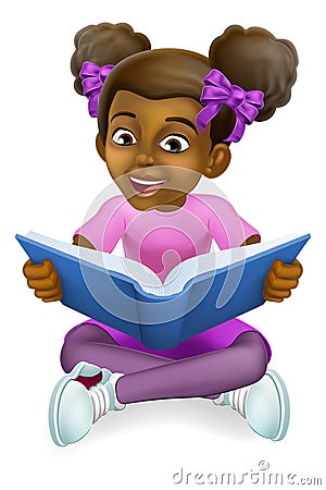 Black Girl Child Cartoon Kid Reading Book Vector Illustration