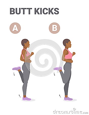 Athletic African American Girl Doing But Kickcs or Bum Kicks Home Workout Exercise Guidance. Vector Illustration