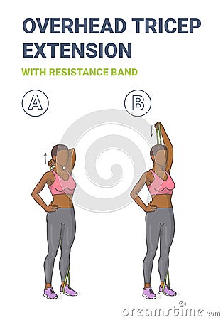Black Girl Doing Overhead Tricep Extension Home Workout Exercise with Resistance Band Guidance. Vector Illustration