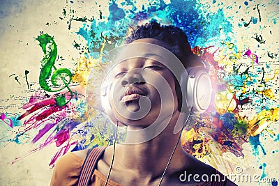 Black Girl Listening to the Music Stock Photo