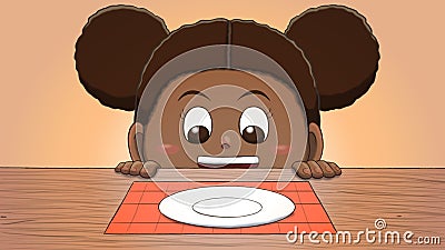 Black Girl Looking at Empty Plate Cartoon Illustration