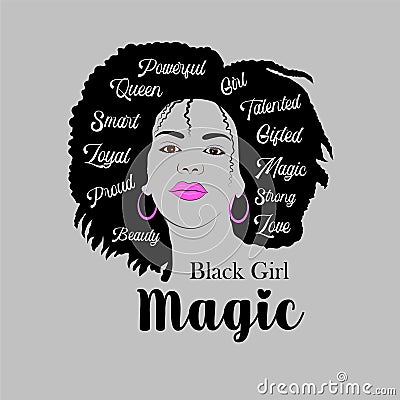 Black Girl Magic Vector Portrait with Word Cloud Vector Illustration