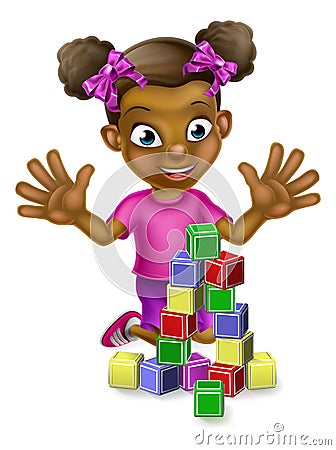 Black Girl Playing With Building Blocks Vector Illustration