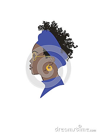 Black girl profile portrait. Black curly hair, blue headdress Vector Illustration