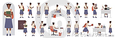 Black girl student with glasses, laptop and school bag poses in side, front and back view set Cartoon Illustration