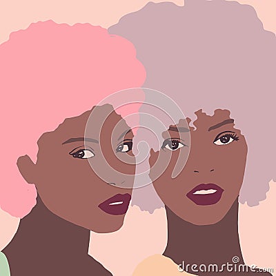 Black girls illustration. Biracial girlfriends with afro Cartoon Illustration